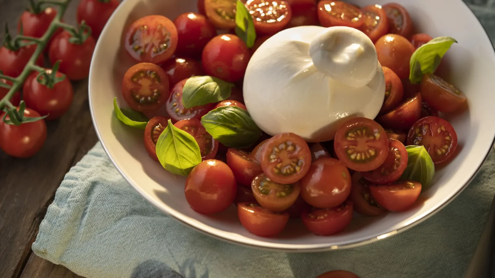 Burrata con tomate cherry en rama Divino Imperial y albahaca