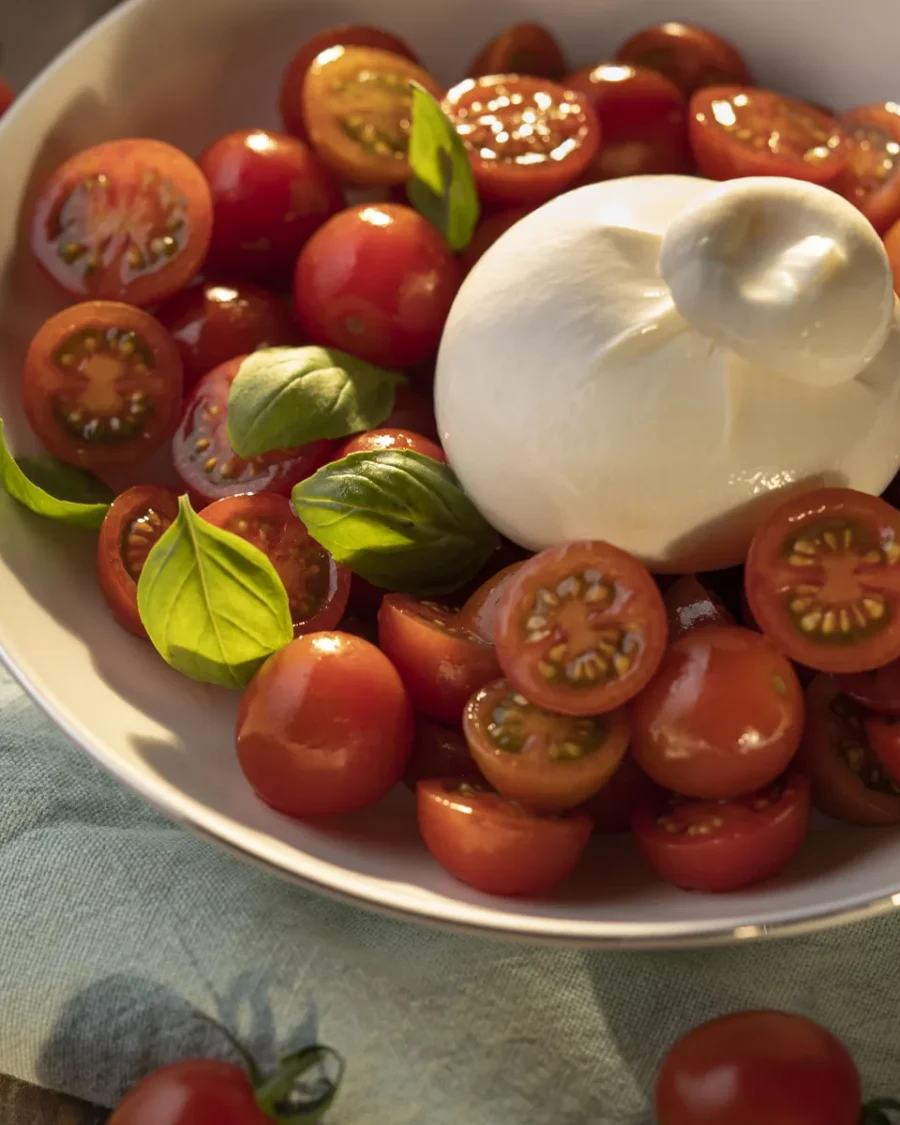 Burrata con tomate cherry en rama Divino Imperial y albahaca