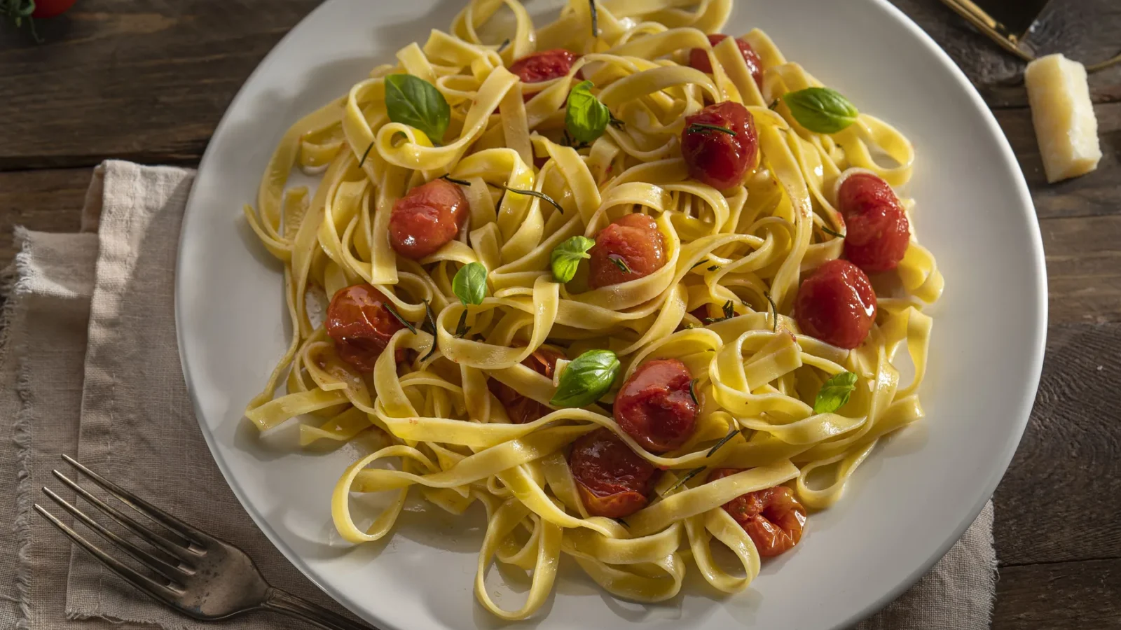 Tagliatelle con tomate cherry Divino salteado y albahaca