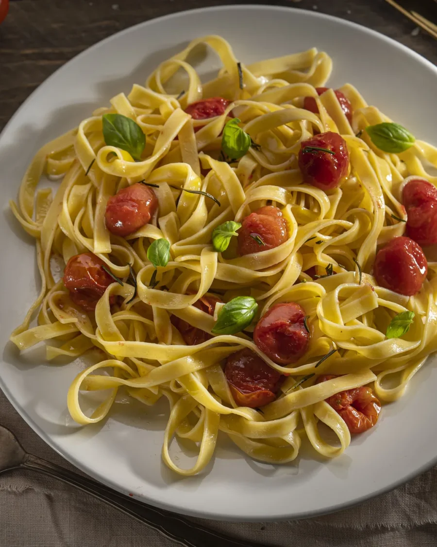 Tagliatelle con tomate cherry Divino salteado y albahaca